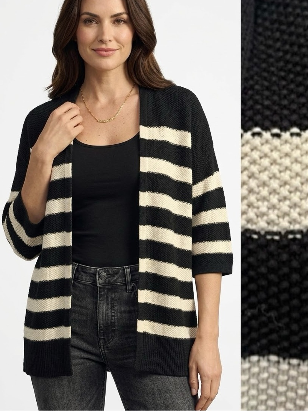 Lilla P Striped Crochet Knit Long Cardigan Sweater Womens Size M L Open Front